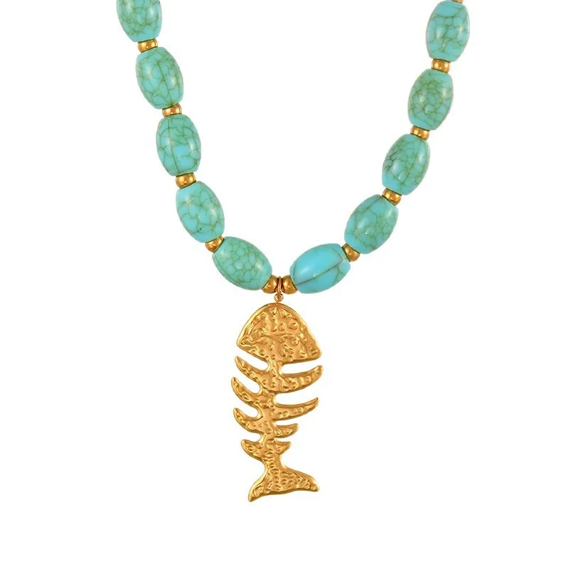 Vacation Style Fishbone Pendant Necklace Women Beaded Stainless Steel Chain Collar Jewelry Beach Surfing Casual Female Jewelry