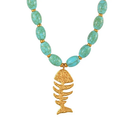 Vacation Style Fishbone Pendant Necklace Women Beaded Stainless Steel Chain Collar Jewelry Beach Surfing Casual Female Jewelry