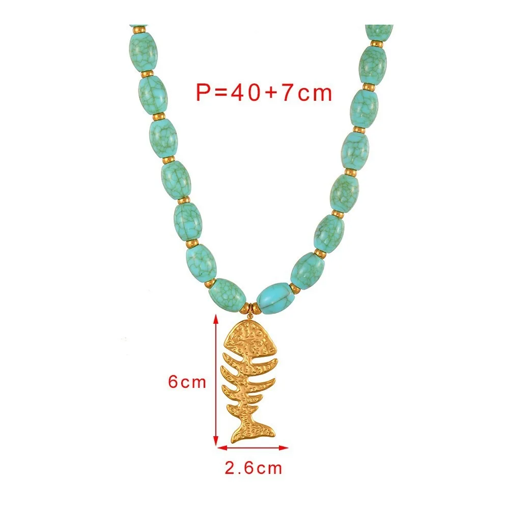 Vacation Style Fishbone Pendant Necklace Women Beaded Stainless Steel Chain Collar Jewelry Beach Surfing Casual Female Jewelry