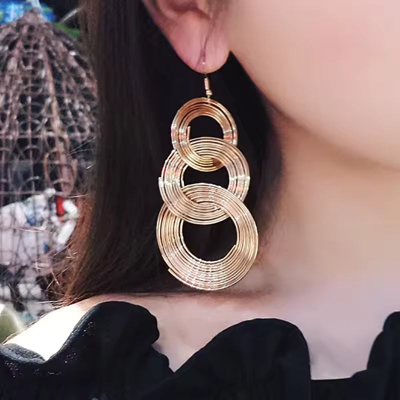 Punk Gold Colour Big Geometric 3 Circle Metal Long Dangle Earrings For Women Bohemian Party Exaggerated Fashion Jewelry