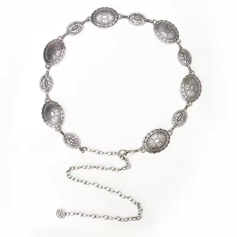 Ladies' retro style metal waist chain jewelry with carved craftsmanship, circular chain waist belt, high-end fashions accessory