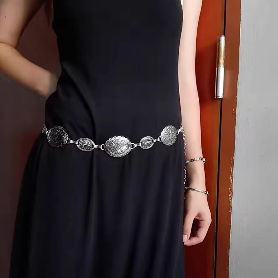 Ladies' retro style metal waist chain jewelry with carved craftsmanship, circular chain waist belt, high-end fashions accessory