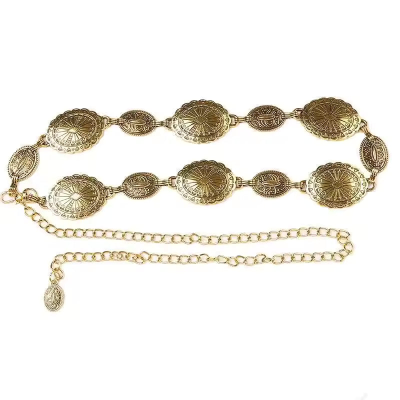 Ladies' retro style metal waist chain jewelry with carved craftsmanship, circular chain waist belt, high-end fashions accessory