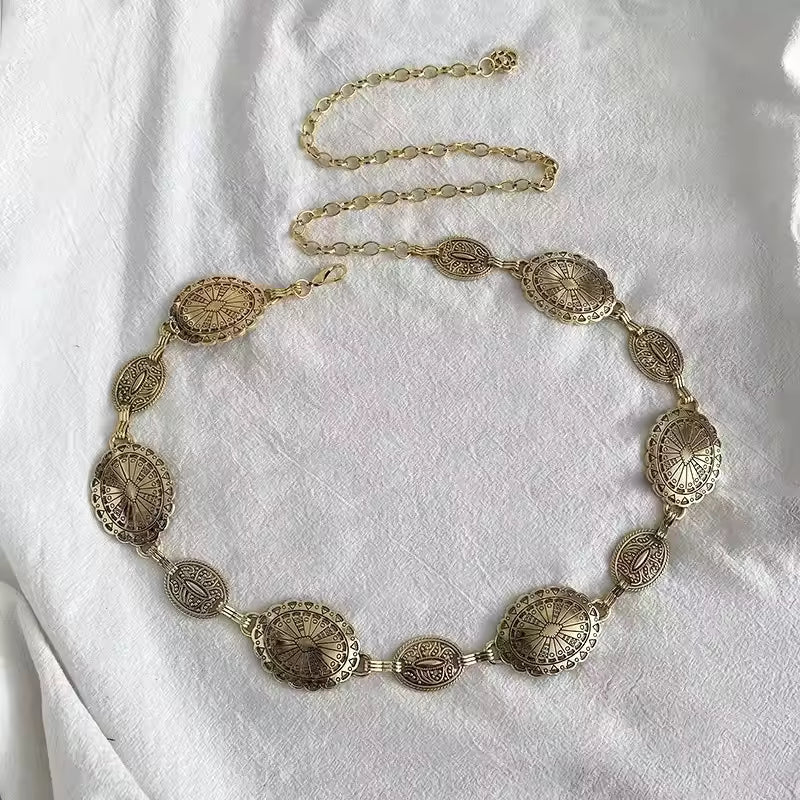 Ladies' retro style metal waist chain jewelry with carved craftsmanship, circular chain waist belt, high-end fashions accessory